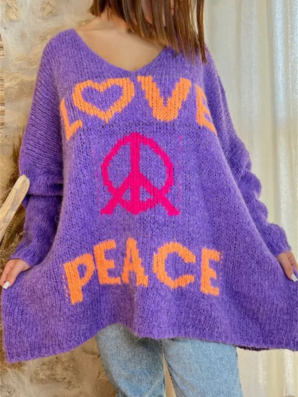 Women's V-neck letter loose and lazy knitted sweater - Korvel