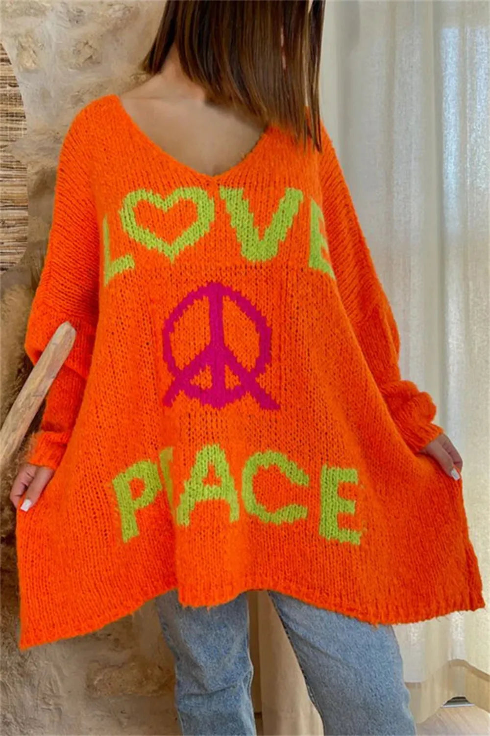 Women's V-neck letter loose and lazy knitted sweater - Korvel