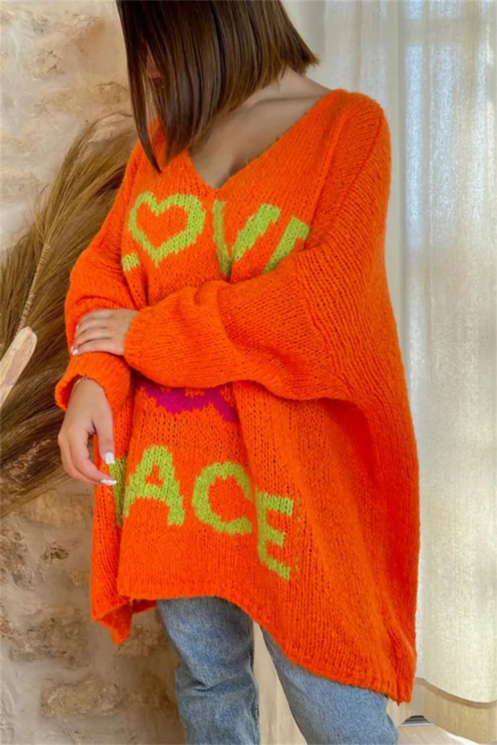Women's V-neck letter loose and lazy knitted sweater - Korvel