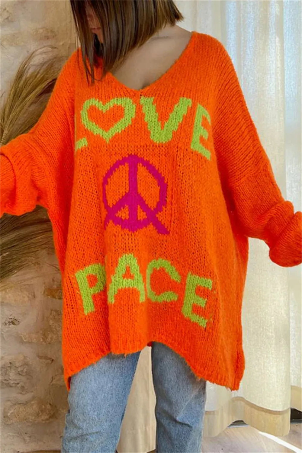 Women's V-neck letter loose and lazy knitted sweater - Korvel