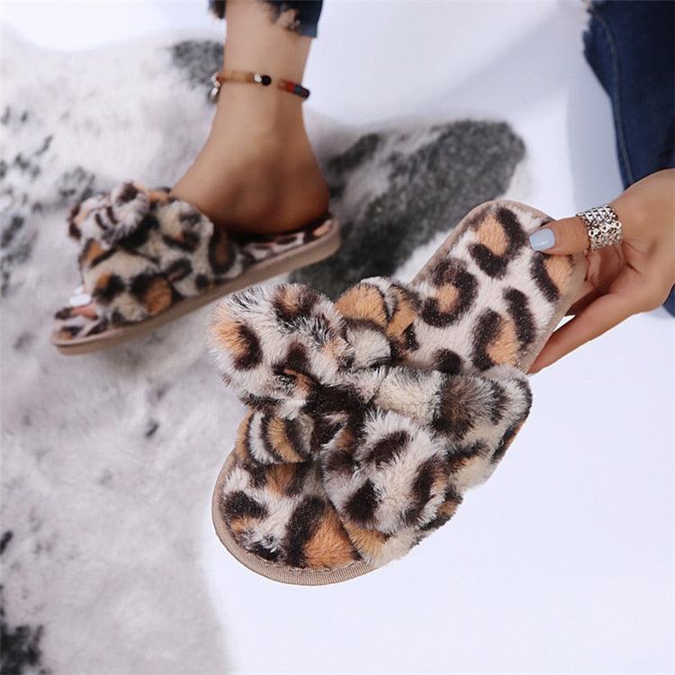 Zapatillas de Piel Sintética con Estampado de Leopardo para Mujeres