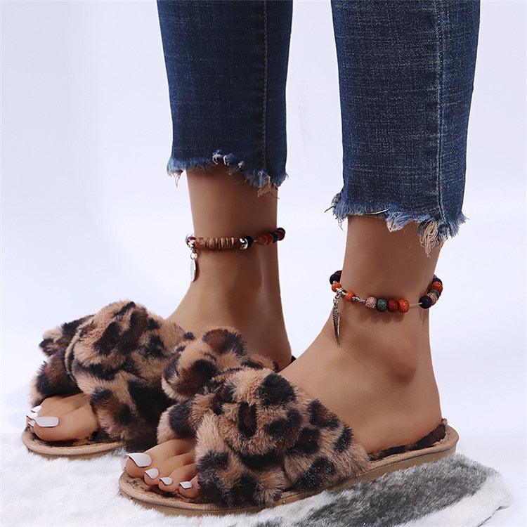 Zapatillas de Piel Sintética con Estampado de Leopardo para Mujeres