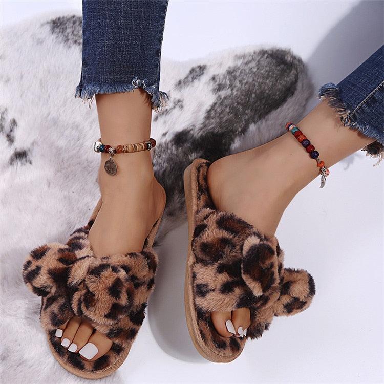 Zapatillas de Piel Sintética con Estampado de Leopardo para Mujeres