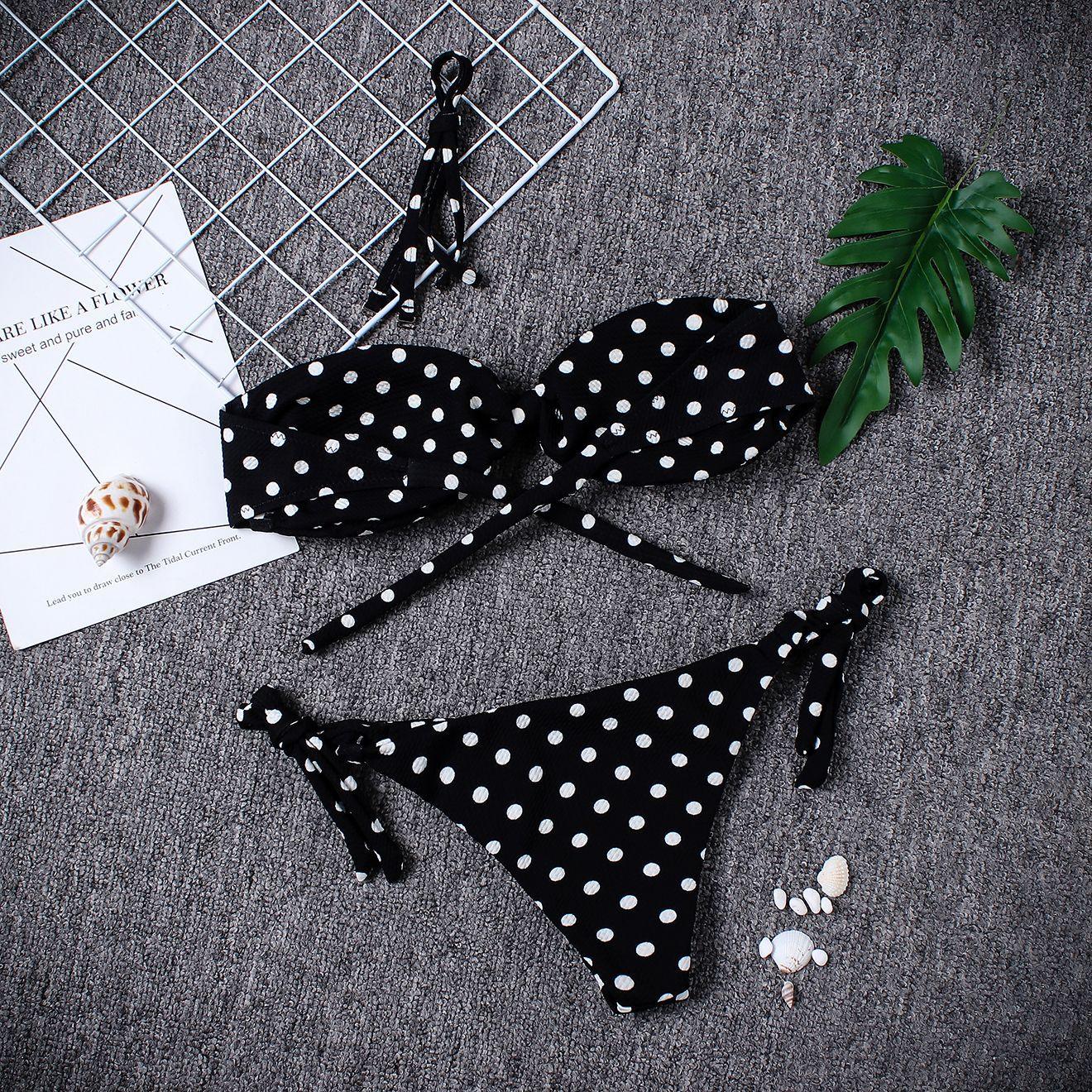 Conjunto de Bikini Elegante para Mujeres sin Tirantes con Estampado de Lunares