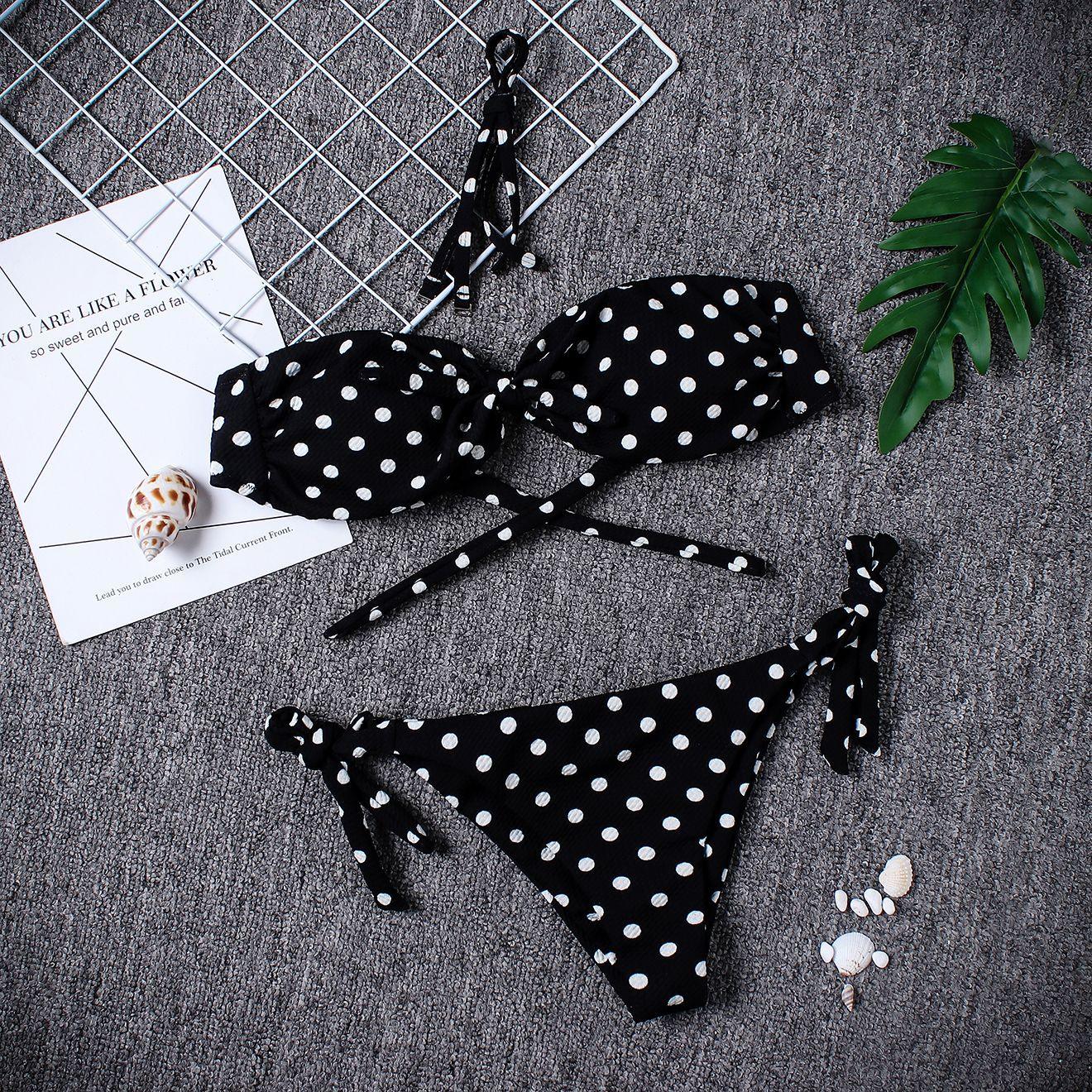 Conjunto de Bikini Elegante para Mujeres sin Tirantes con Estampado de Lunares