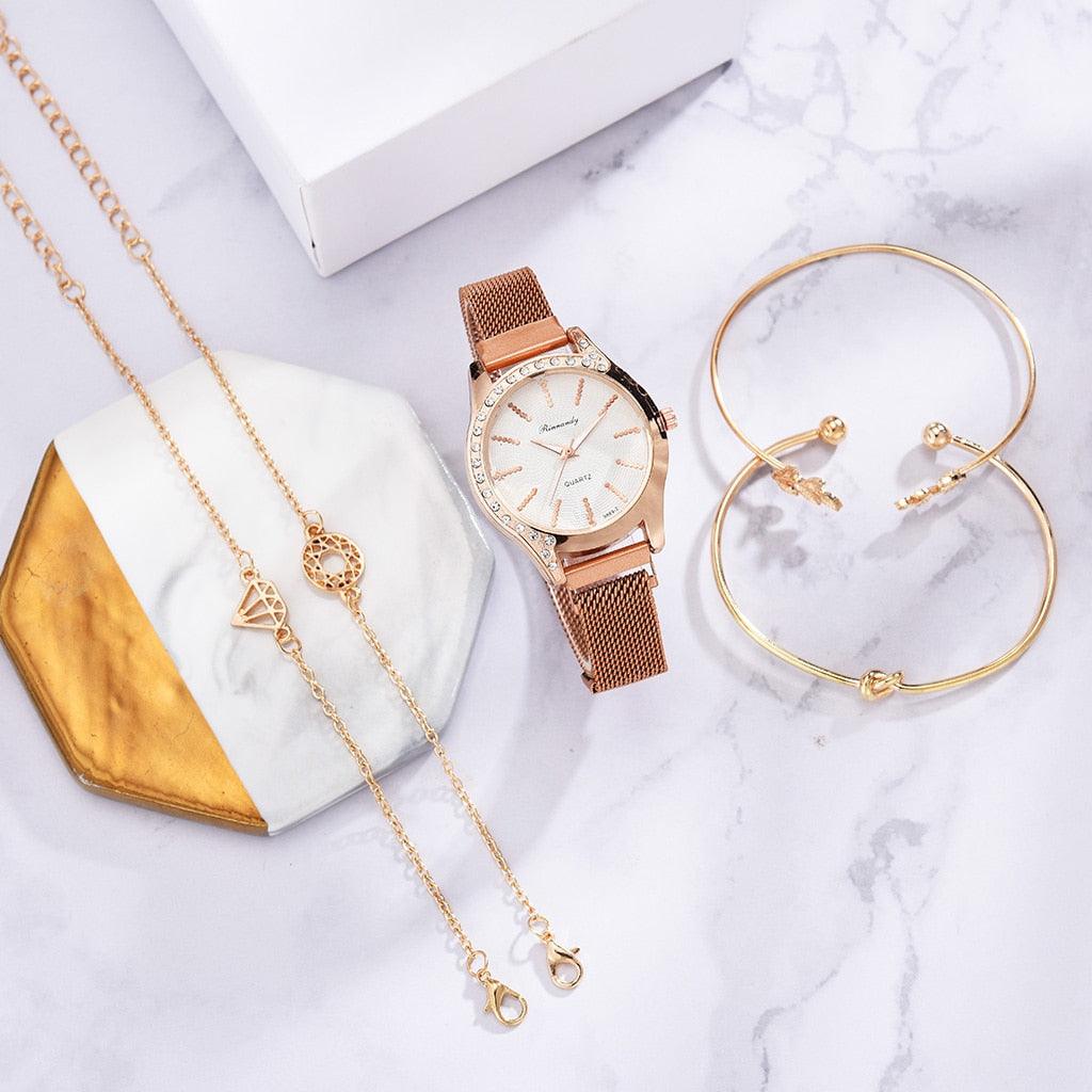 Montre à Quartz pour Femme en Or Rose de Luxe avec Cadran en Diamant