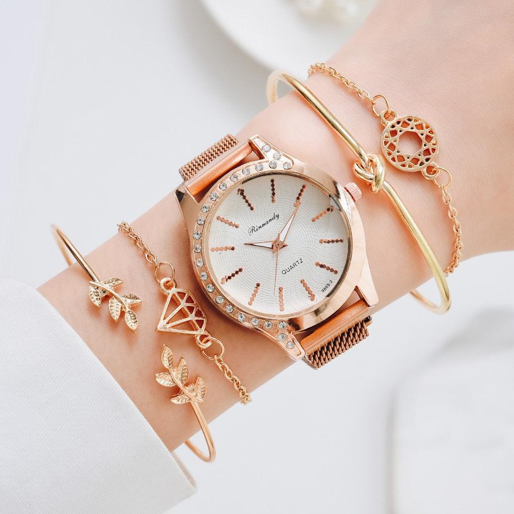 Montre à Quartz pour Femme en Or Rose de Luxe avec Cadran en Diamant