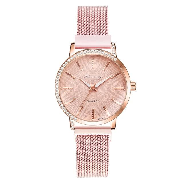 Montre à Quartz pour Femme en Or Rose de Luxe avec Cadran en Diamant