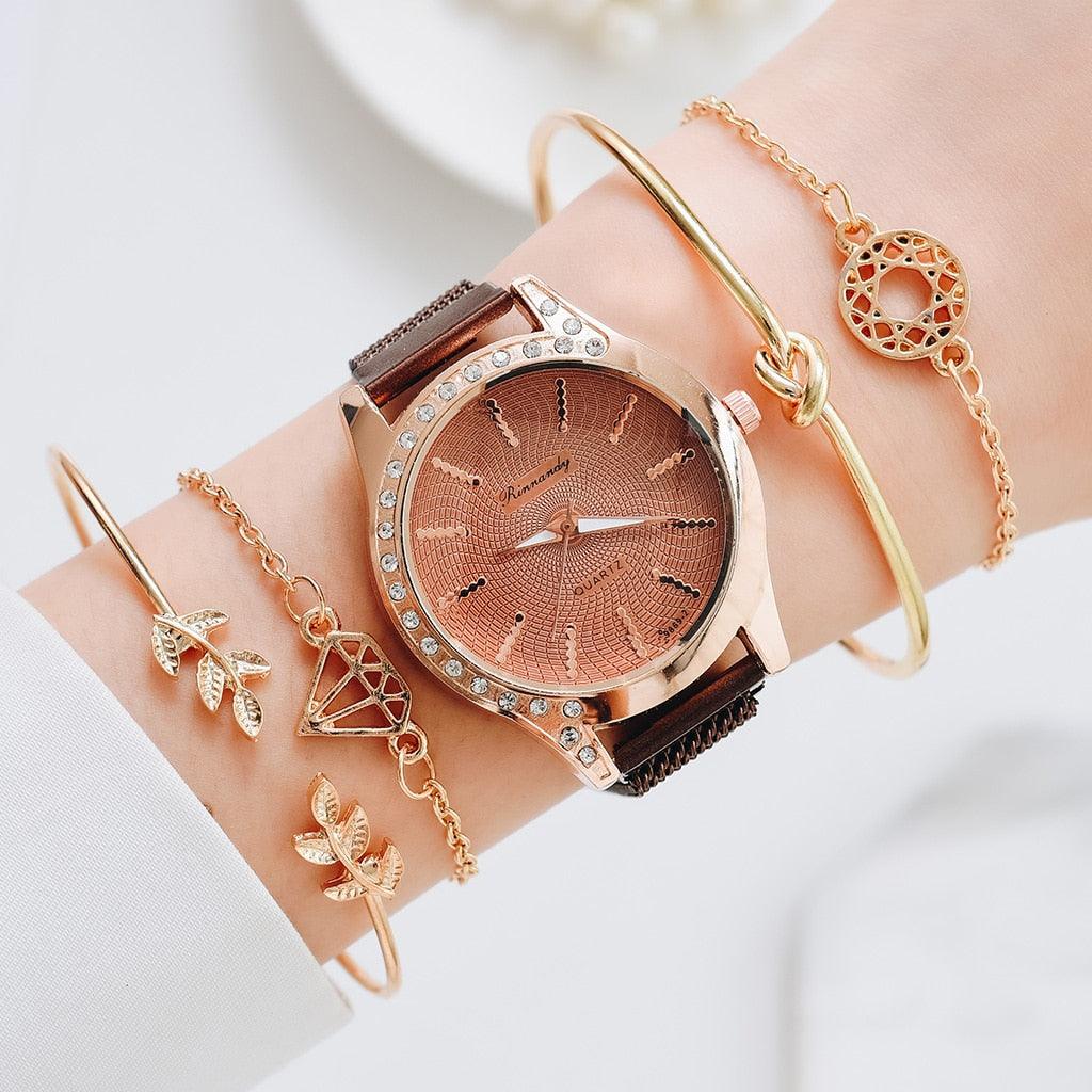 Montre à Quartz pour Femme en Or Rose de Luxe avec Cadran en Diamant