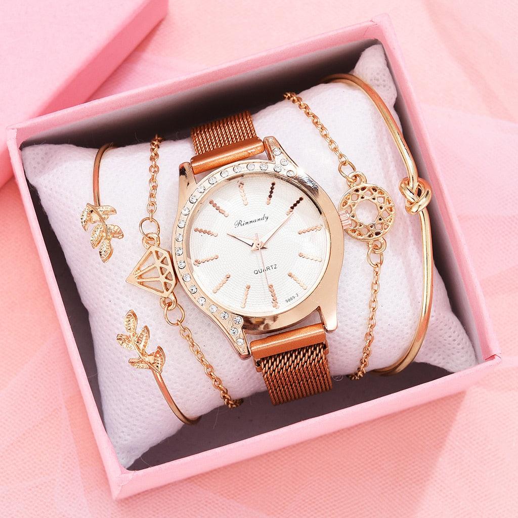 Montre à Quartz pour Femme en Or Rose de Luxe avec Cadran en Diamant