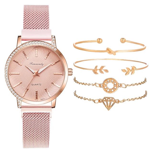 Montre à Quartz pour Femme en Or Rose de Luxe avec Cadran en Diamant