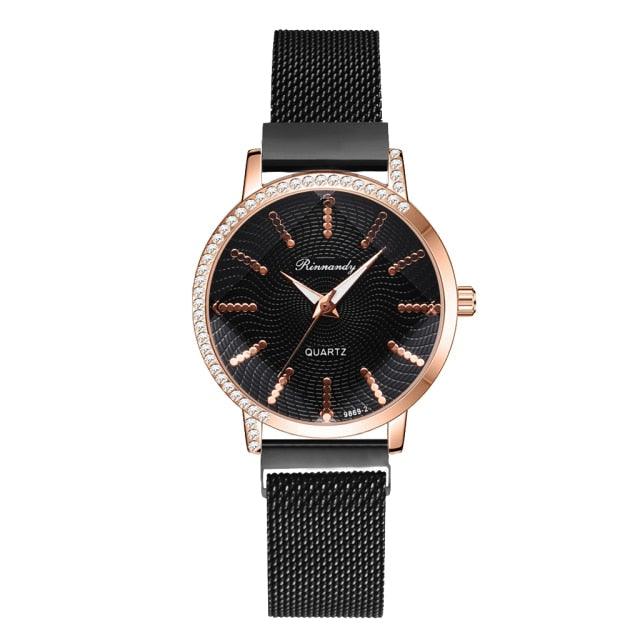 Montre à Quartz pour Femme en Or Rose de Luxe avec Cadran en Diamant