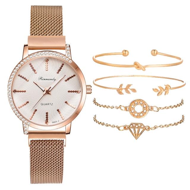 Montre à Quartz pour Femme en Or Rose de Luxe avec Cadran en Diamant