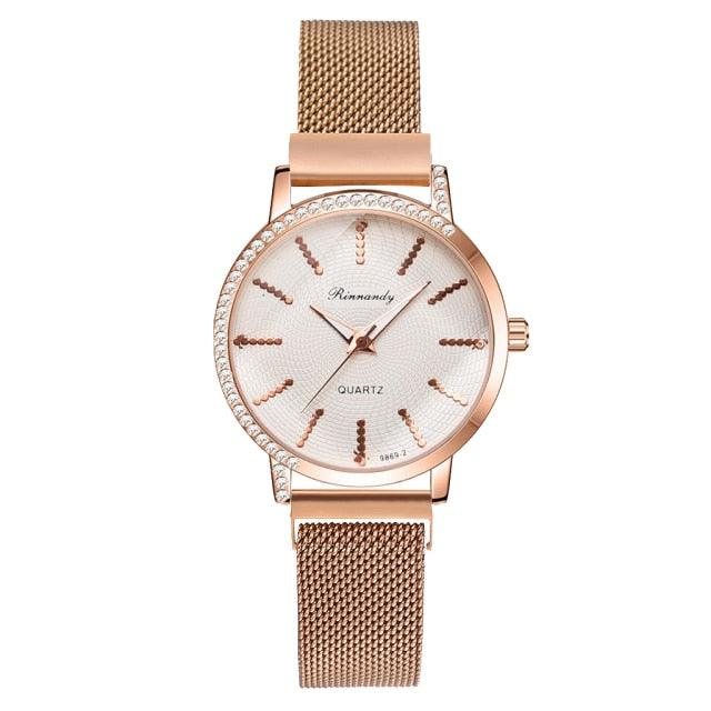 Montre à Quartz pour Femme en Or Rose de Luxe avec Cadran en Diamant