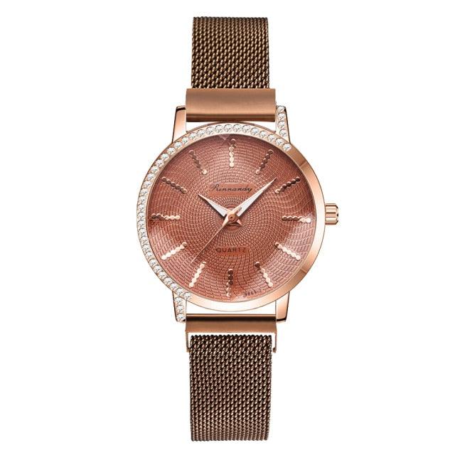 Montre à Quartz pour Femme en Or Rose de Luxe avec Cadran en Diamant