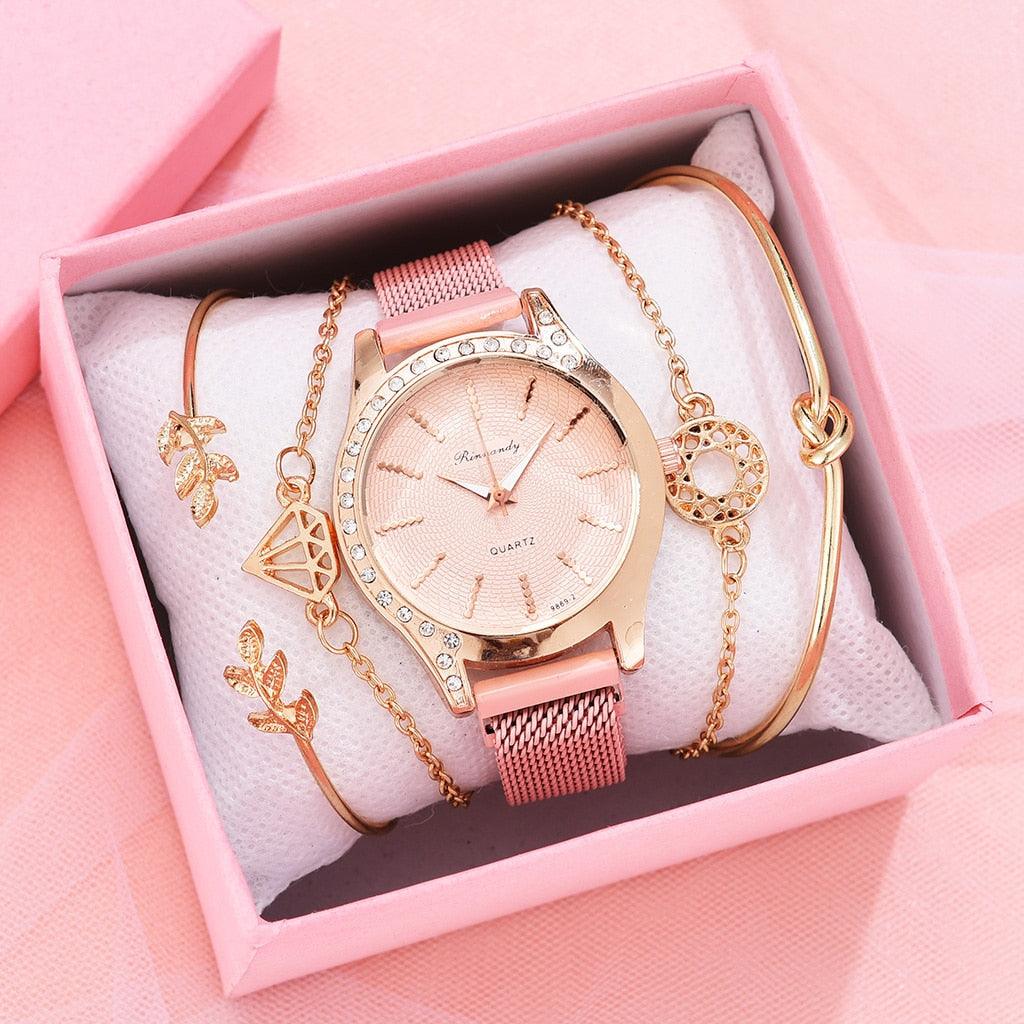 Montre à Quartz pour Femme en Or Rose de Luxe avec Cadran en Diamant