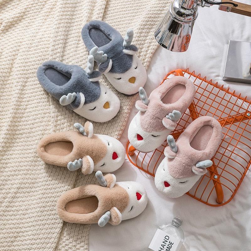 Chaussons d'hiver en élan pour femmes - Chaussures de maison douces et antidérapantes