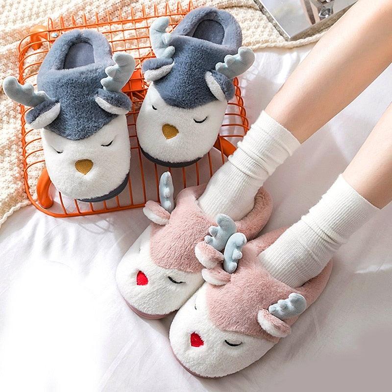 Chaussons d'hiver en élan pour femmes - Chaussures de maison douces et antidérapantes