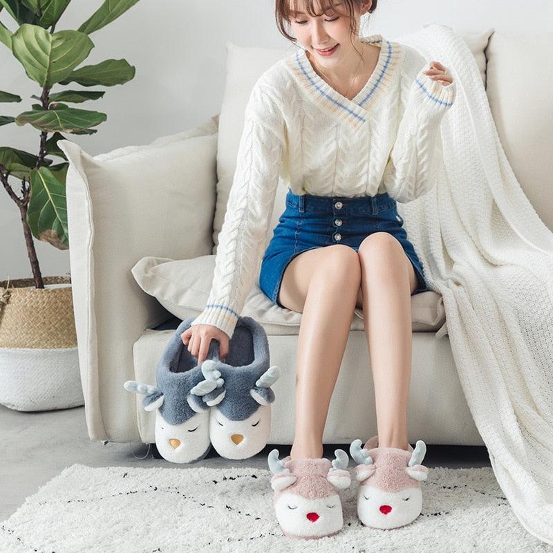 Chaussons d'hiver en élan pour femmes - Chaussures de maison douces et antidérapantes