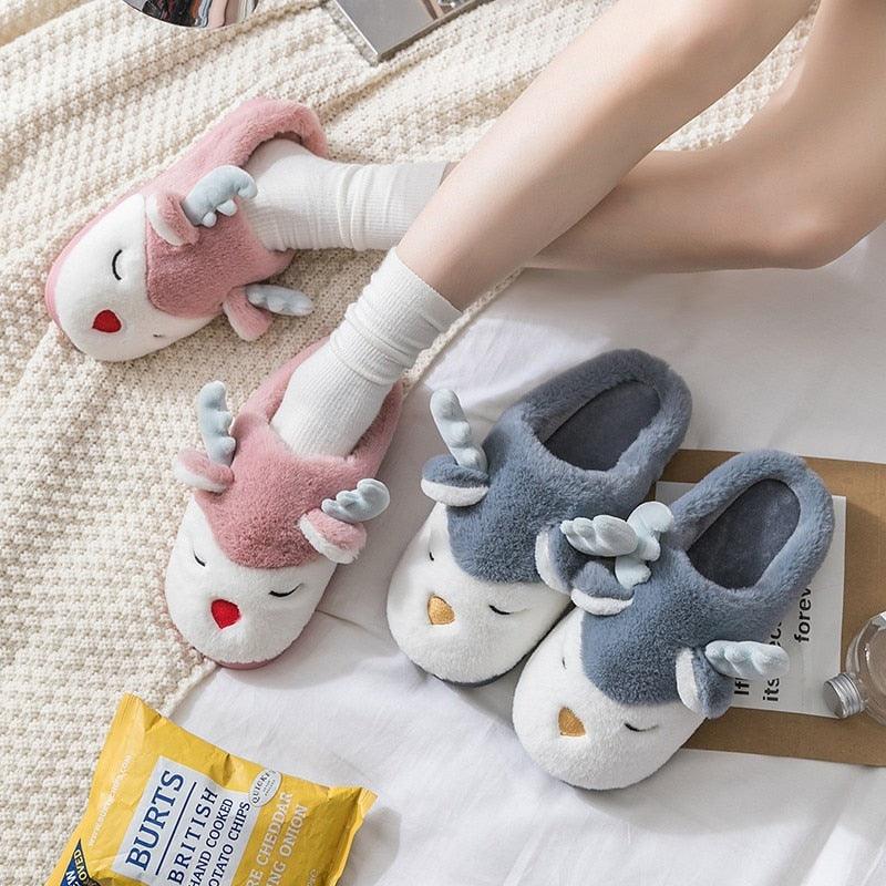 Chaussons d'hiver en élan pour femmes - Chaussures de maison douces et antidérapantes