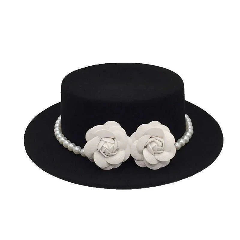 Chapeau de paille en laine décoré de fleurs en perles pour femmes - Style fedora classique