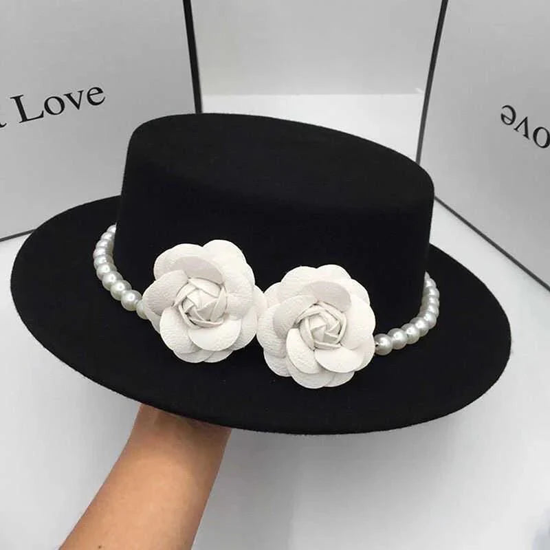 Chapeau de paille en laine décoré de fleurs en perles pour femmes - Style fedora classique