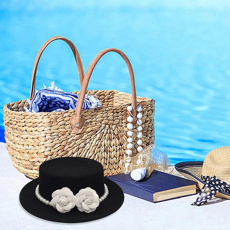Chapeau de paille en laine décoré de fleurs en perles pour femmes - Style fedora classique