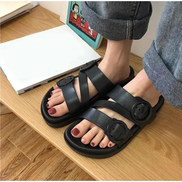 Sandales à boucle noires pour femmes - Confort élégant pour l'été