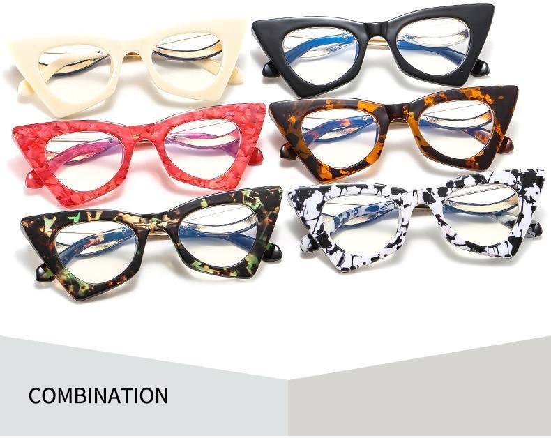 Elegantes montura de gafas de ojo de gato para mujeres con lentes transparentes