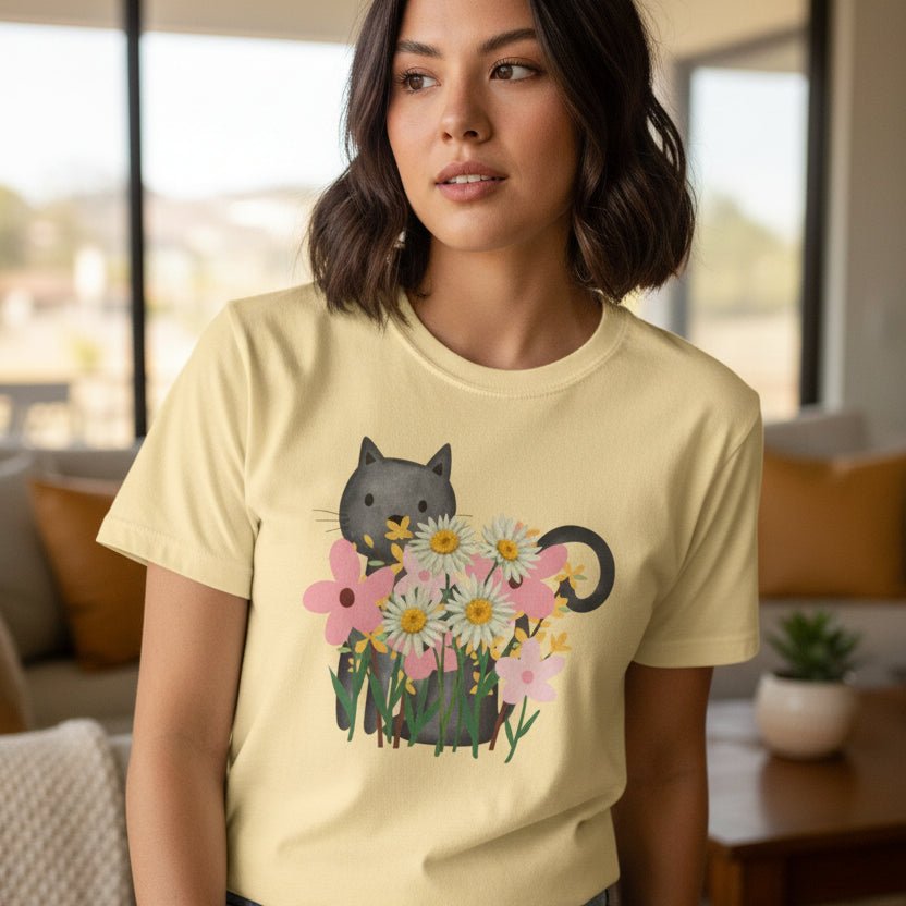 T-shirt floral pour femmes avec chat