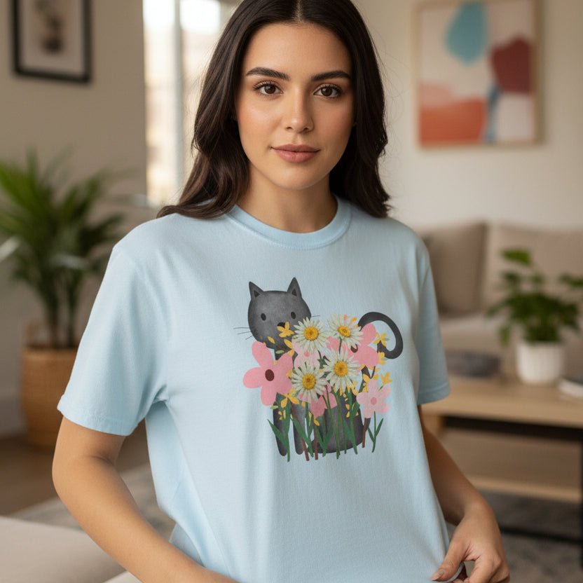 T-shirt floral pour femmes avec chat