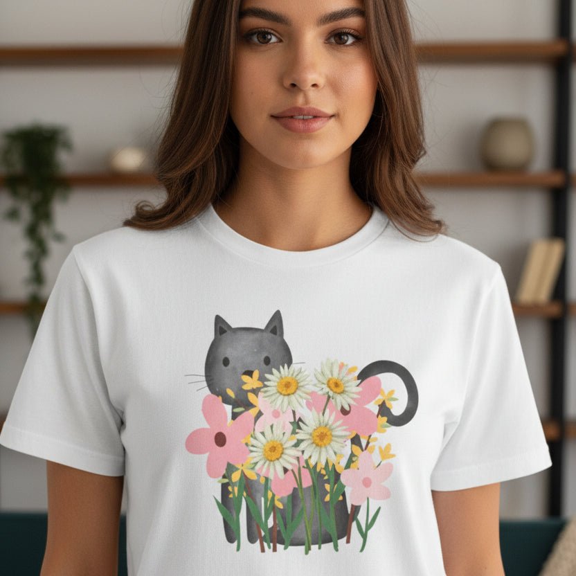 T-shirt floral pour femmes avec chat