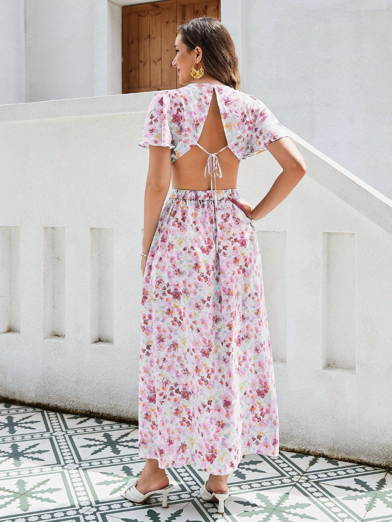 Robe Maxi Élégance Florale - Manches Volantes & Fente Haute