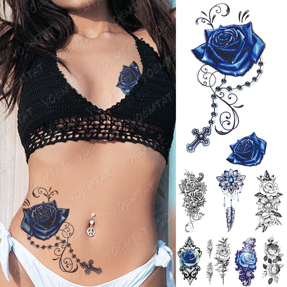 Calcomanía de Tatuaje Temporal Impermeable de Flor Azul de Lujo