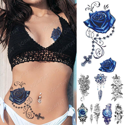 Luxury Blue Flower Waterproof Temporary Tattoo Sticker