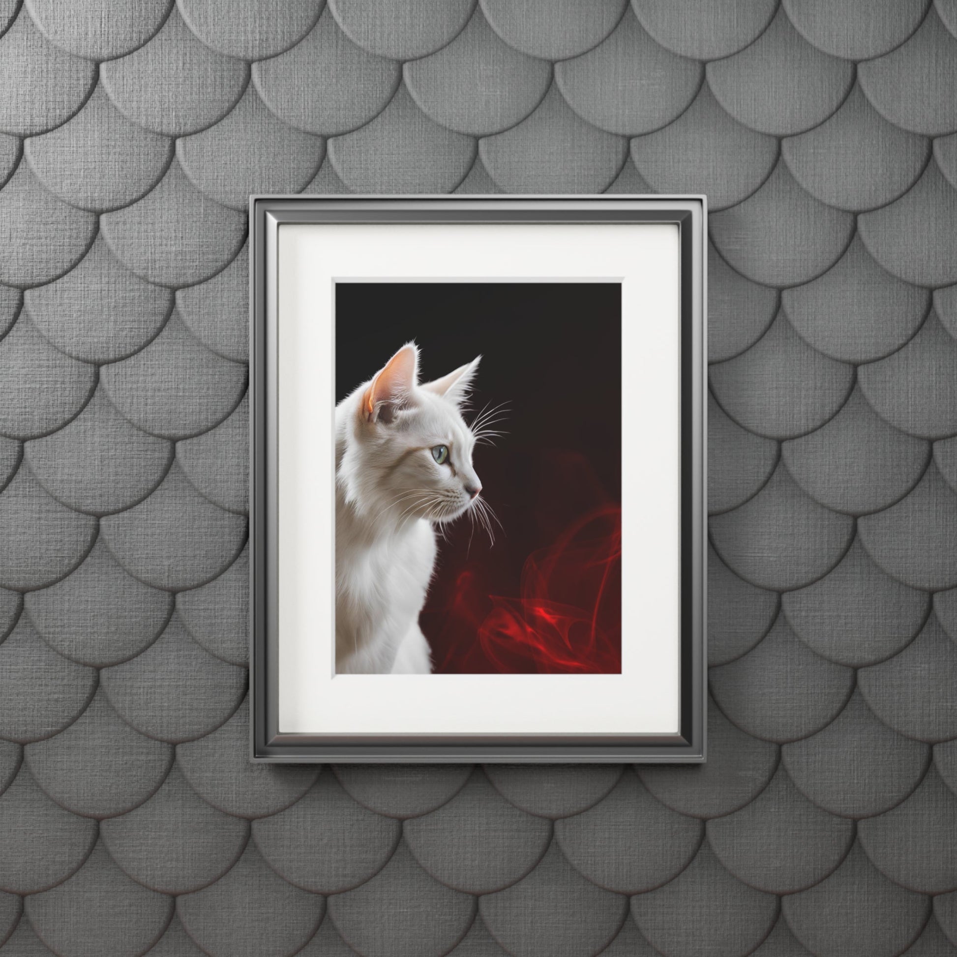 Charming White Cat Art Print with Elegant Passepartout Frame - Korvel