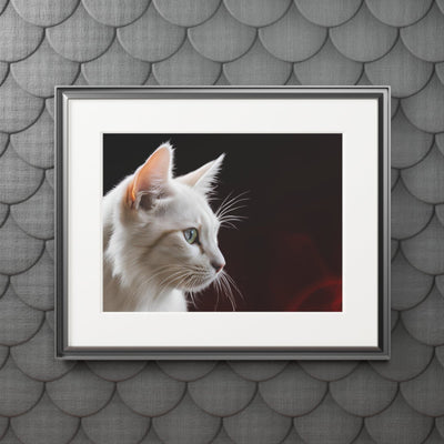 Charming White Cat Art Print with Elegant Passepartout Frame - Korvel