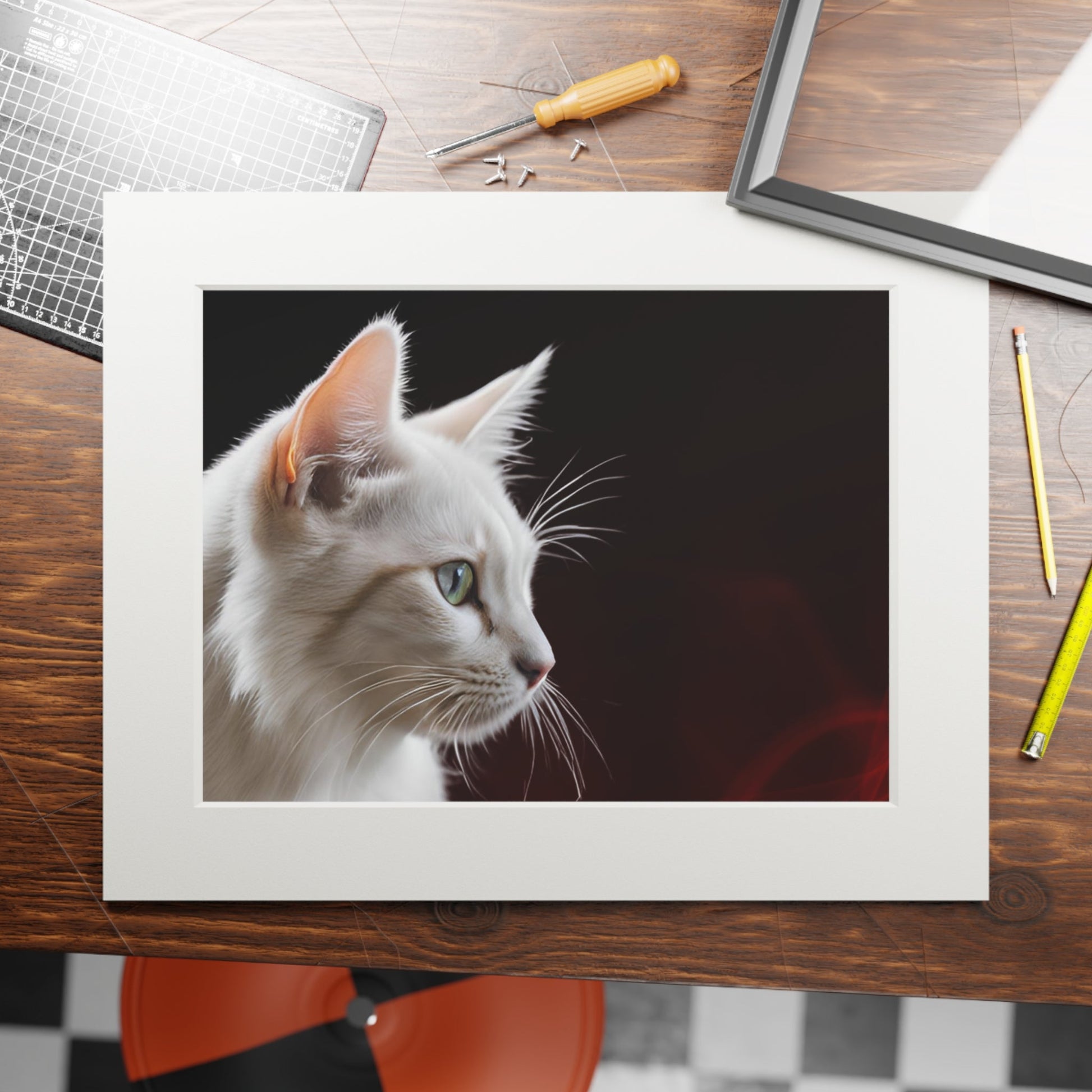 Charming White Cat Art Print with Elegant Passepartout Frame - Korvel