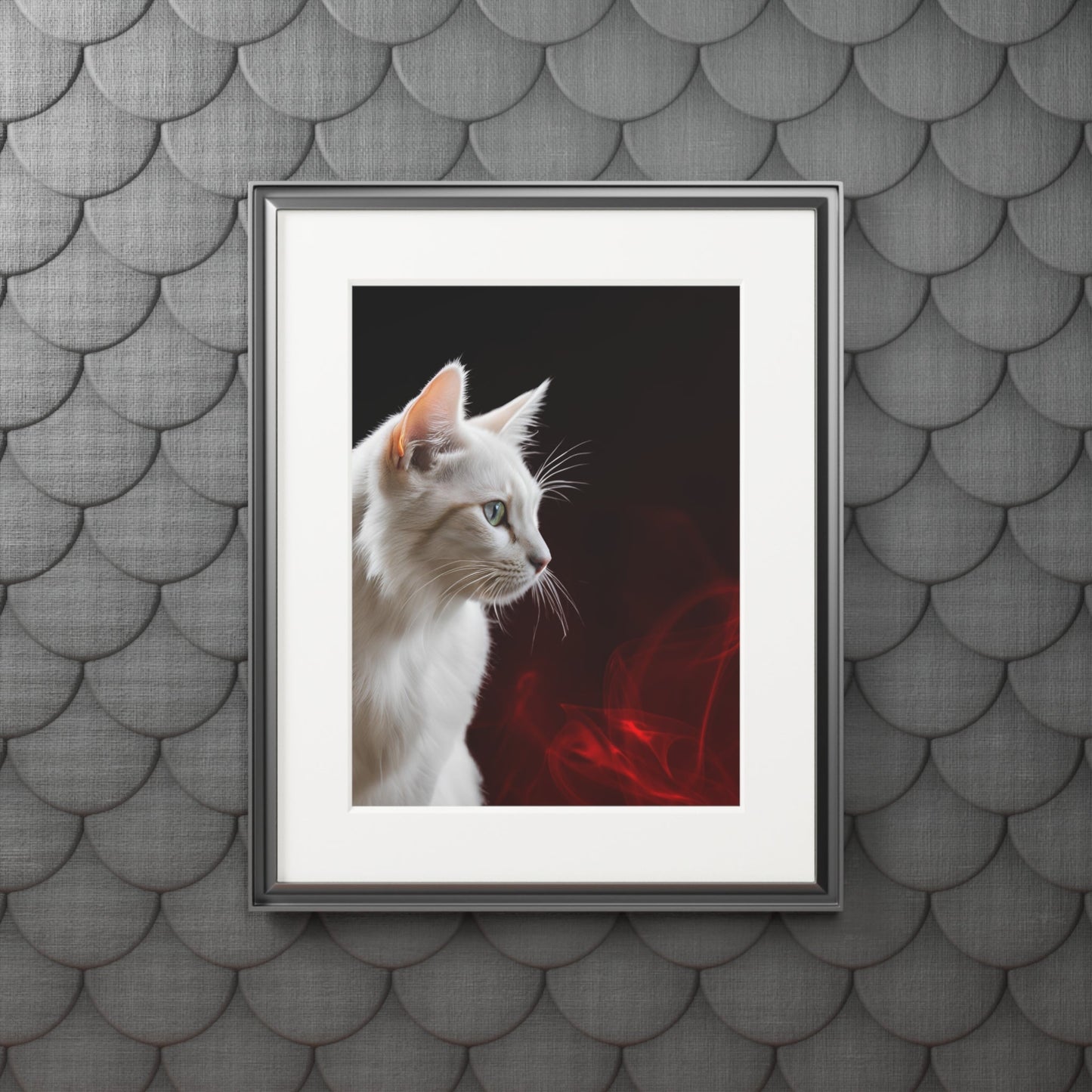 Charming White Cat Art Print with Elegant Passepartout Frame - Korvel