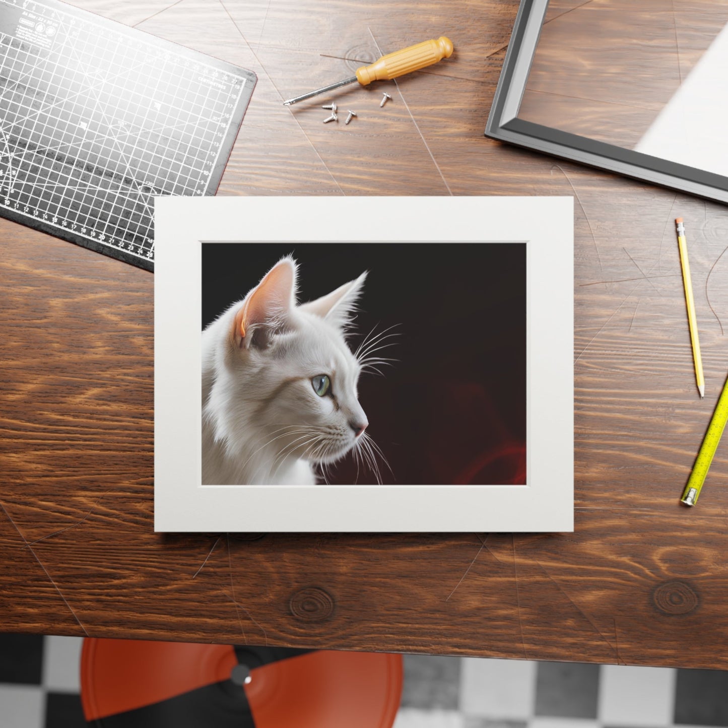 Charming White Cat Art Print with Elegant Passepartout Frame - Korvel