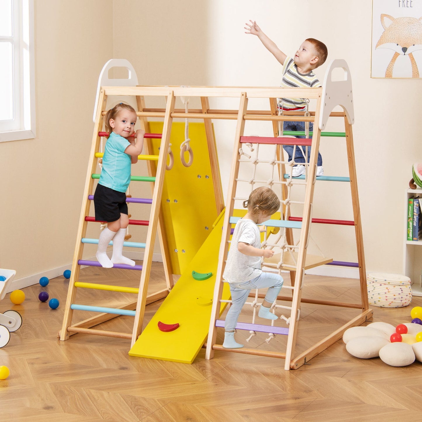 Aire de jeux en bois 8-en-1 avec toboggan et barres de singe