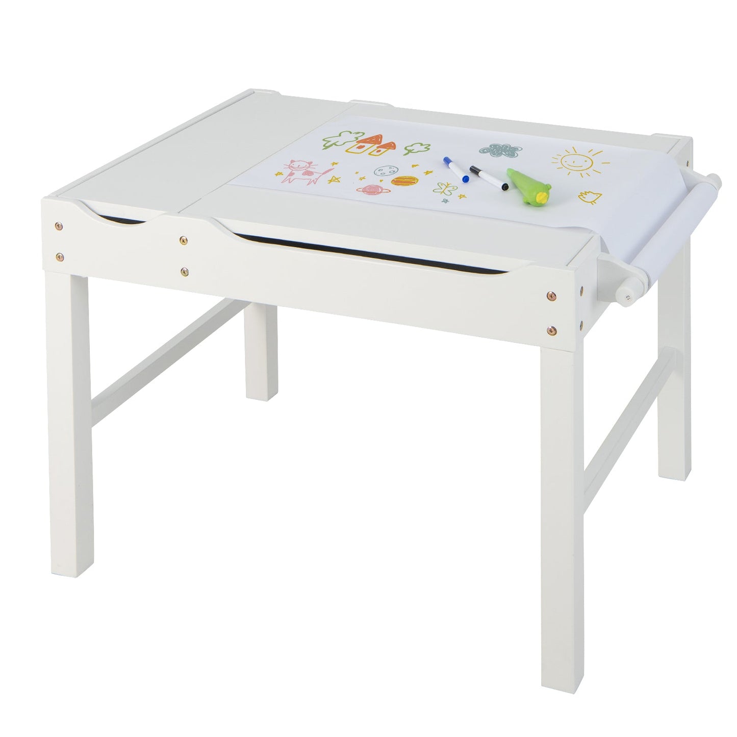 Wooden Kids Multi Activity Play Table with Storage Paper Roll - White