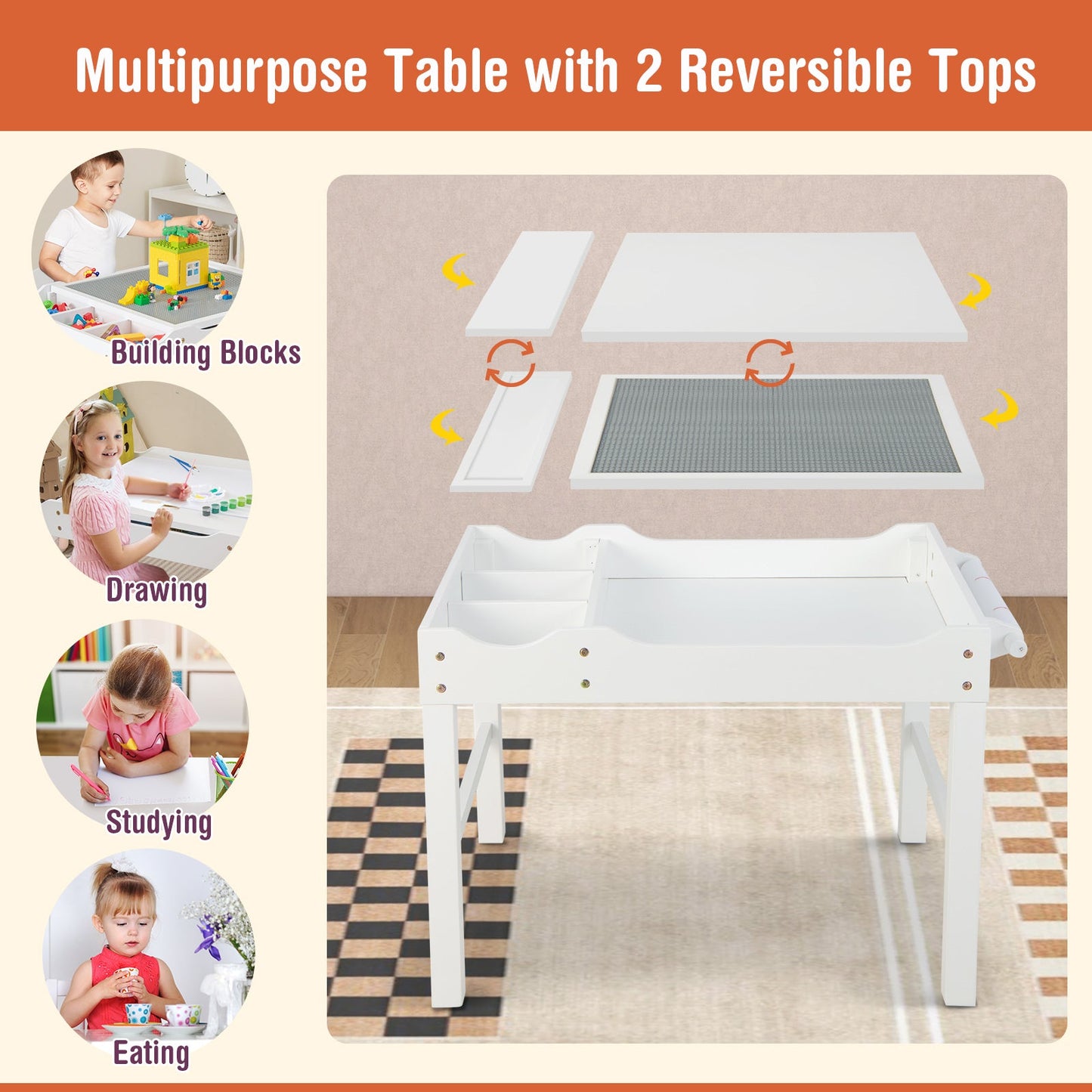 Wooden Kids Multi Activity Play Table with Storage Paper Roll - White