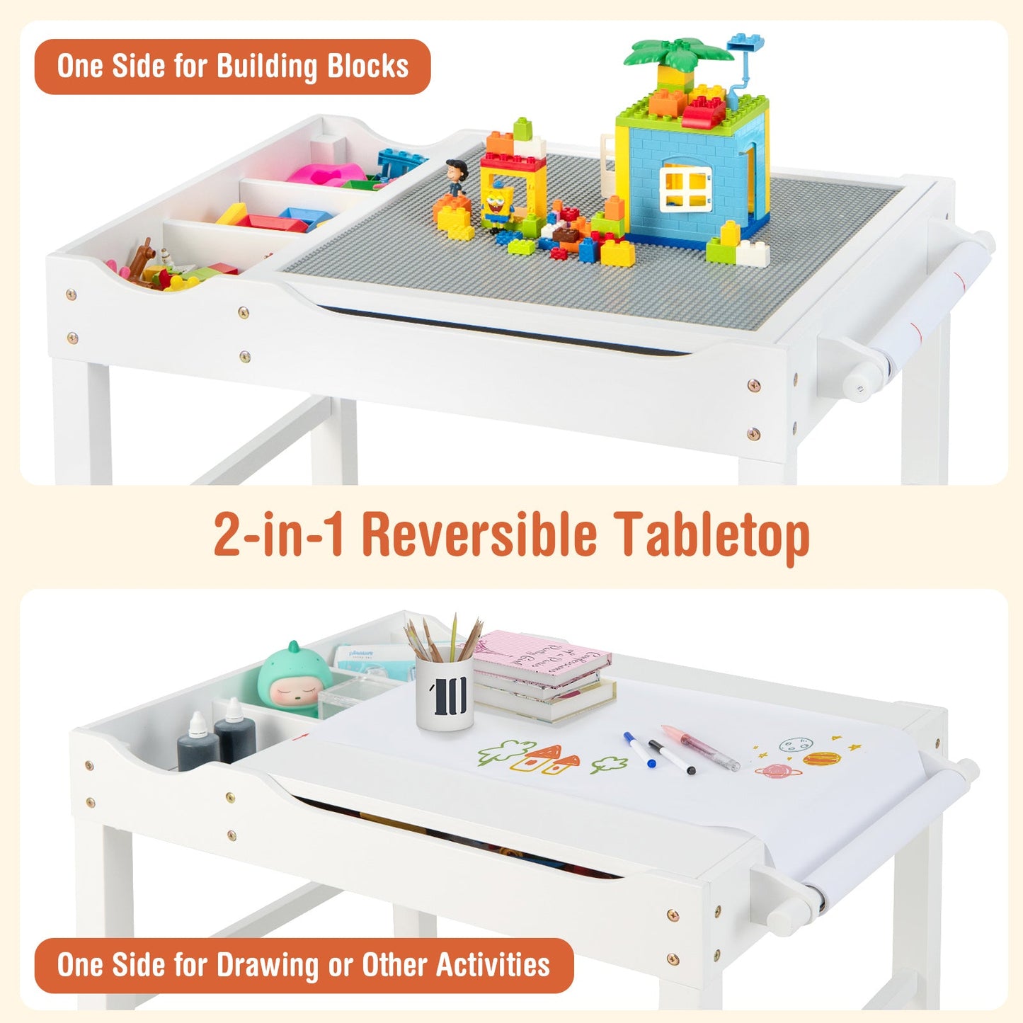 Wooden Kids Multi Activity Play Table with Storage Paper Roll - White