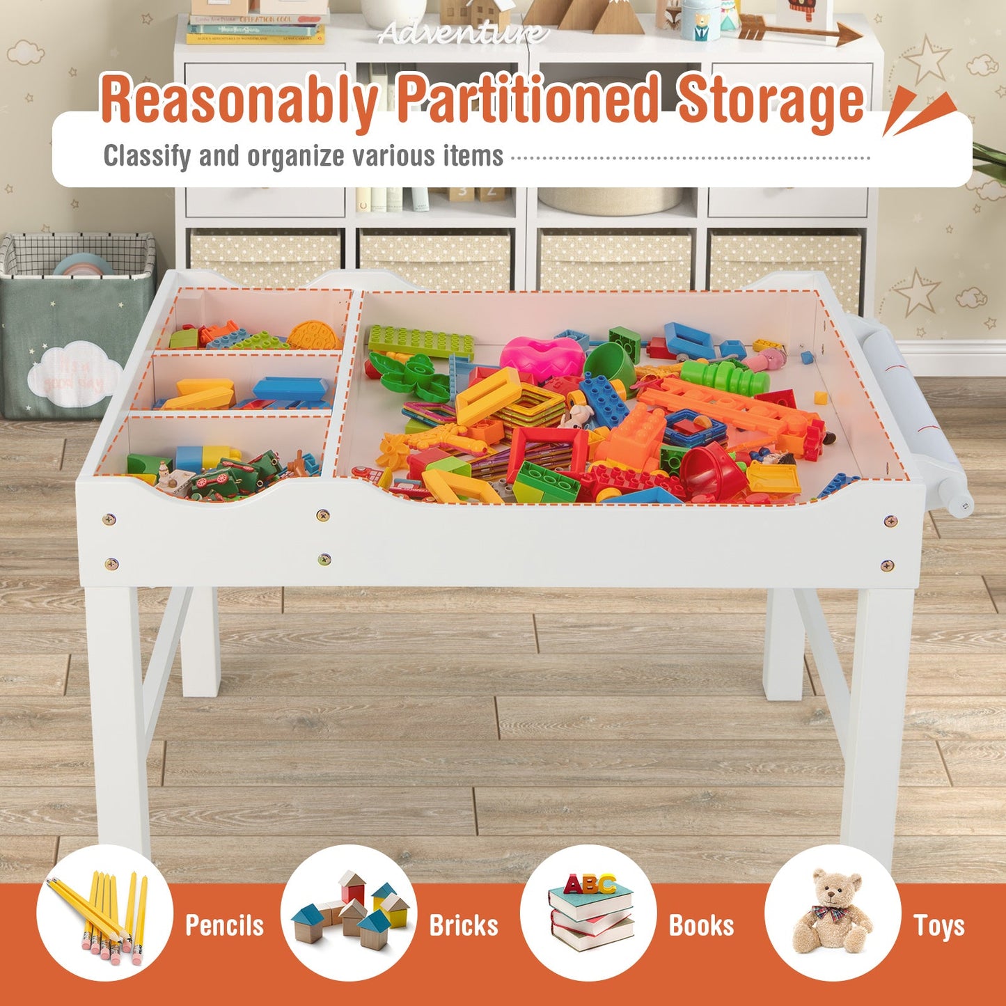 Wooden Kids Multi Activity Play Table with Storage Paper Roll - White