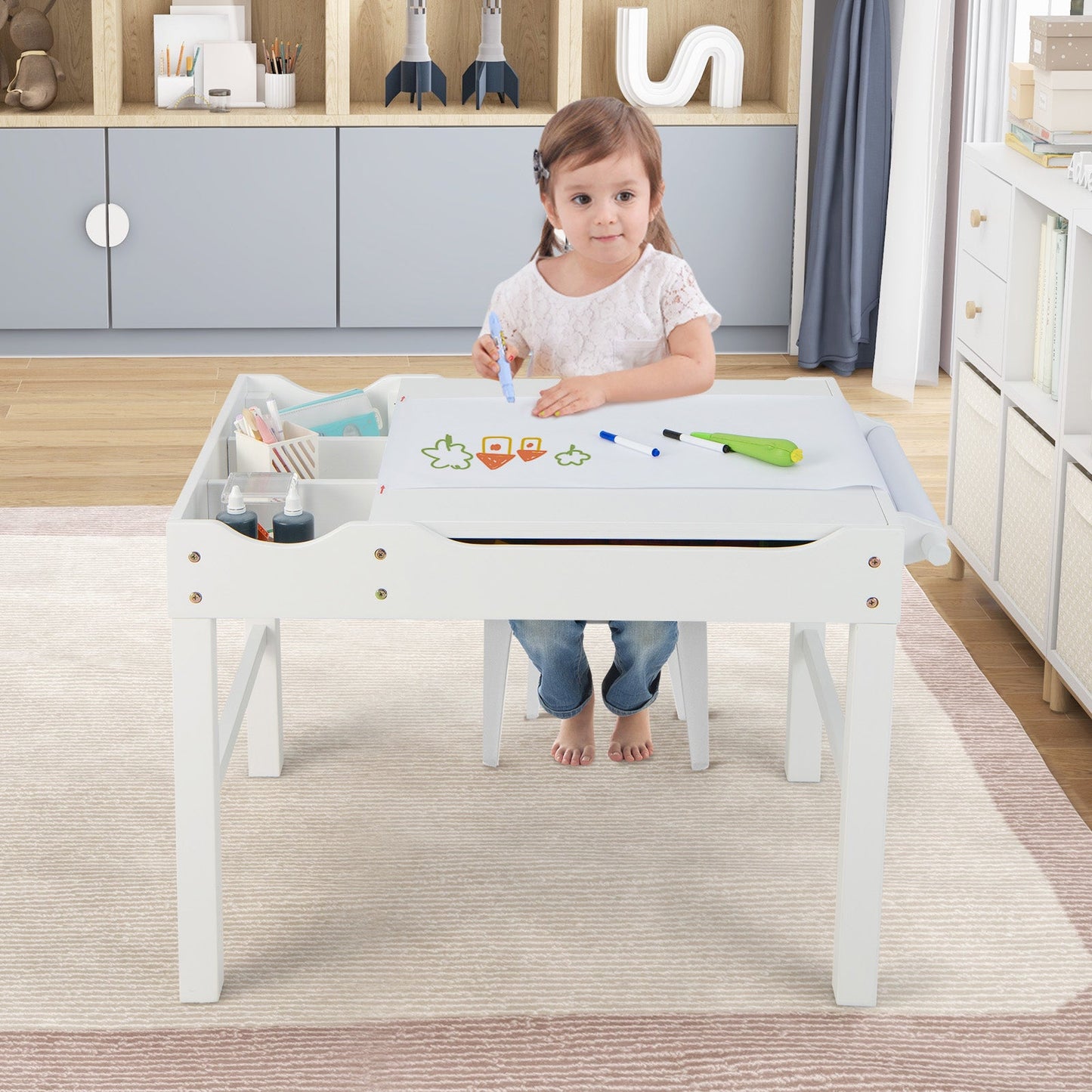 Wooden Kids Multi Activity Play Table with Storage Paper Roll - White