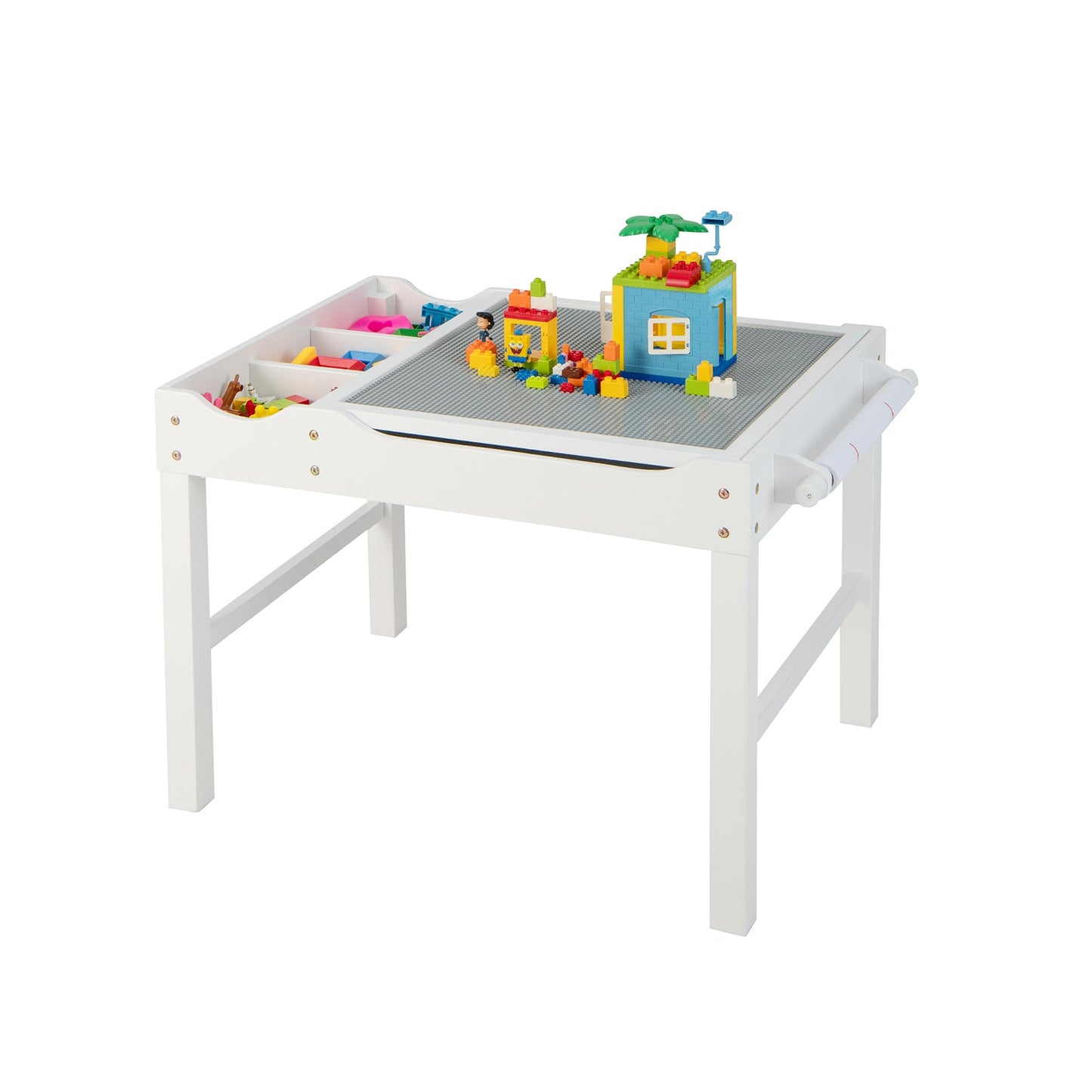 Wooden Kids Multi Activity Play Table with Storage Paper Roll - White