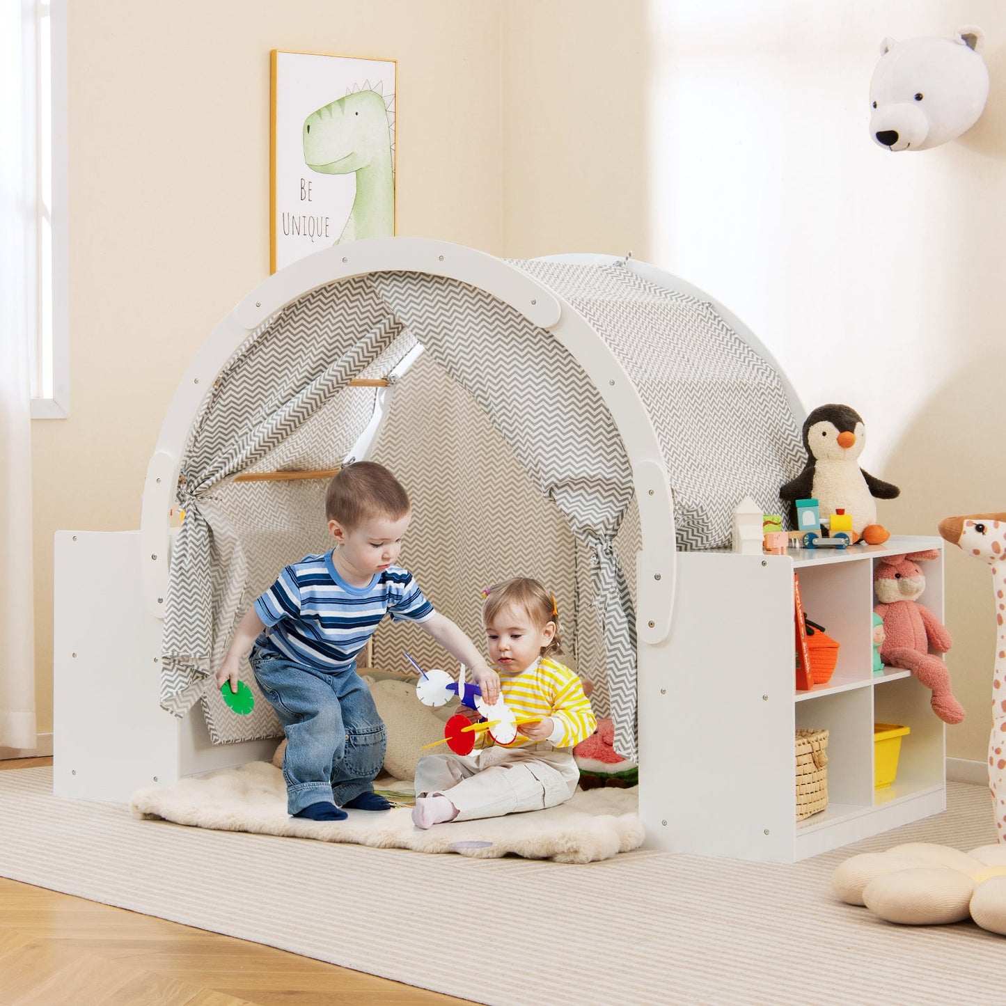 Tente de jeu en bois pour enfants avec rideaux et compartiments