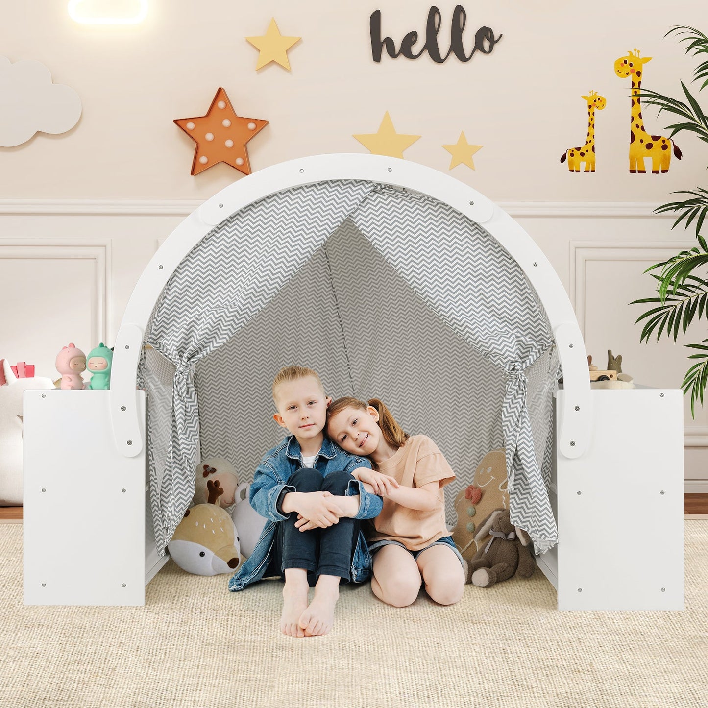 Tente de jeu en bois pour enfants avec rideaux et compartiments