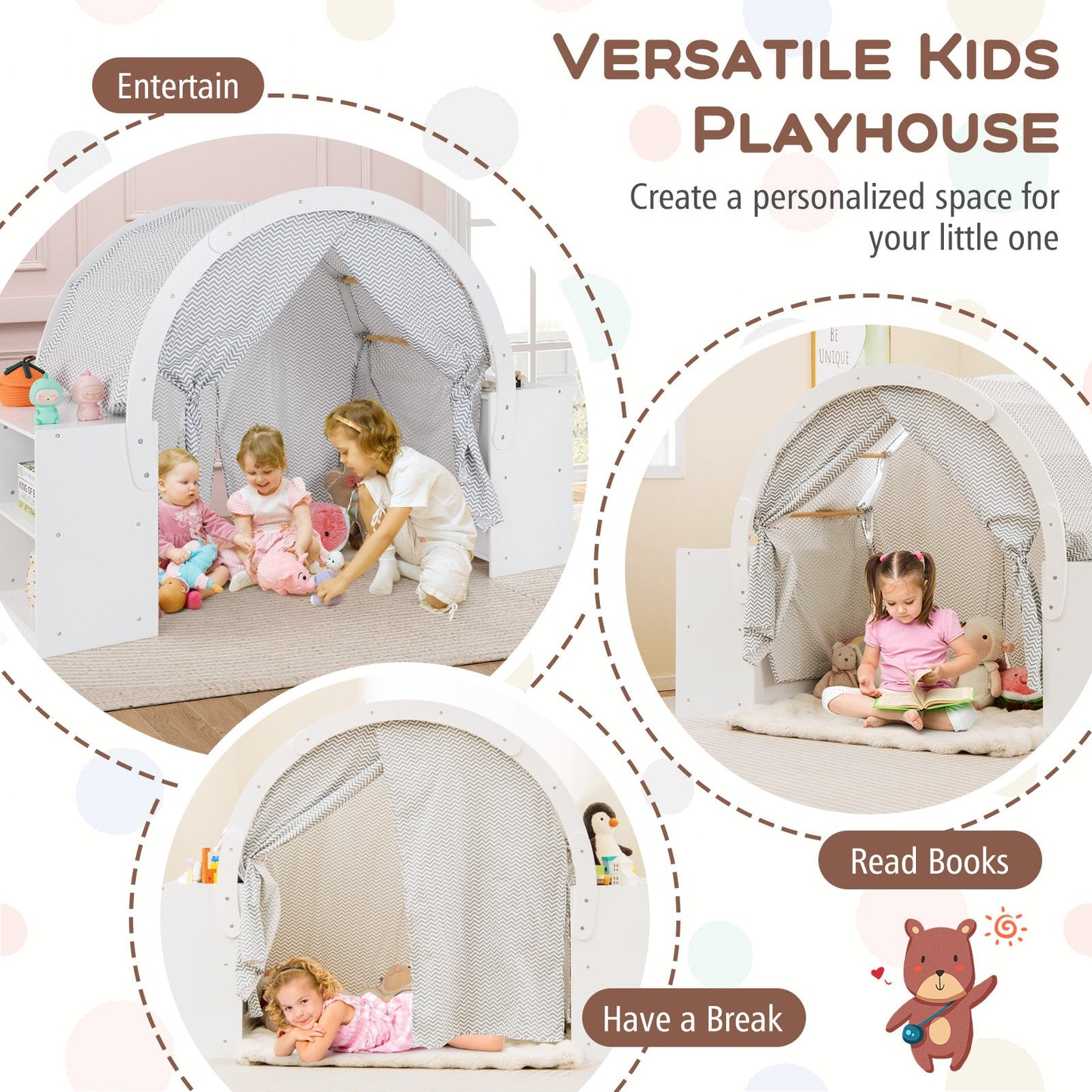 Tente de jeu en bois pour enfants avec rideaux et compartiments